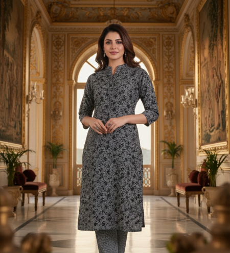 Grey Floral Printed Kurti with Pant