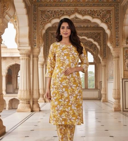 Mustard Yellow Floral Printed Kurta with Pant